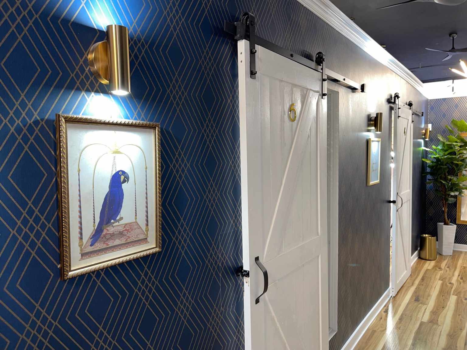Bronzeville hallway with navy and gold wallpaper and white sliding suite doors